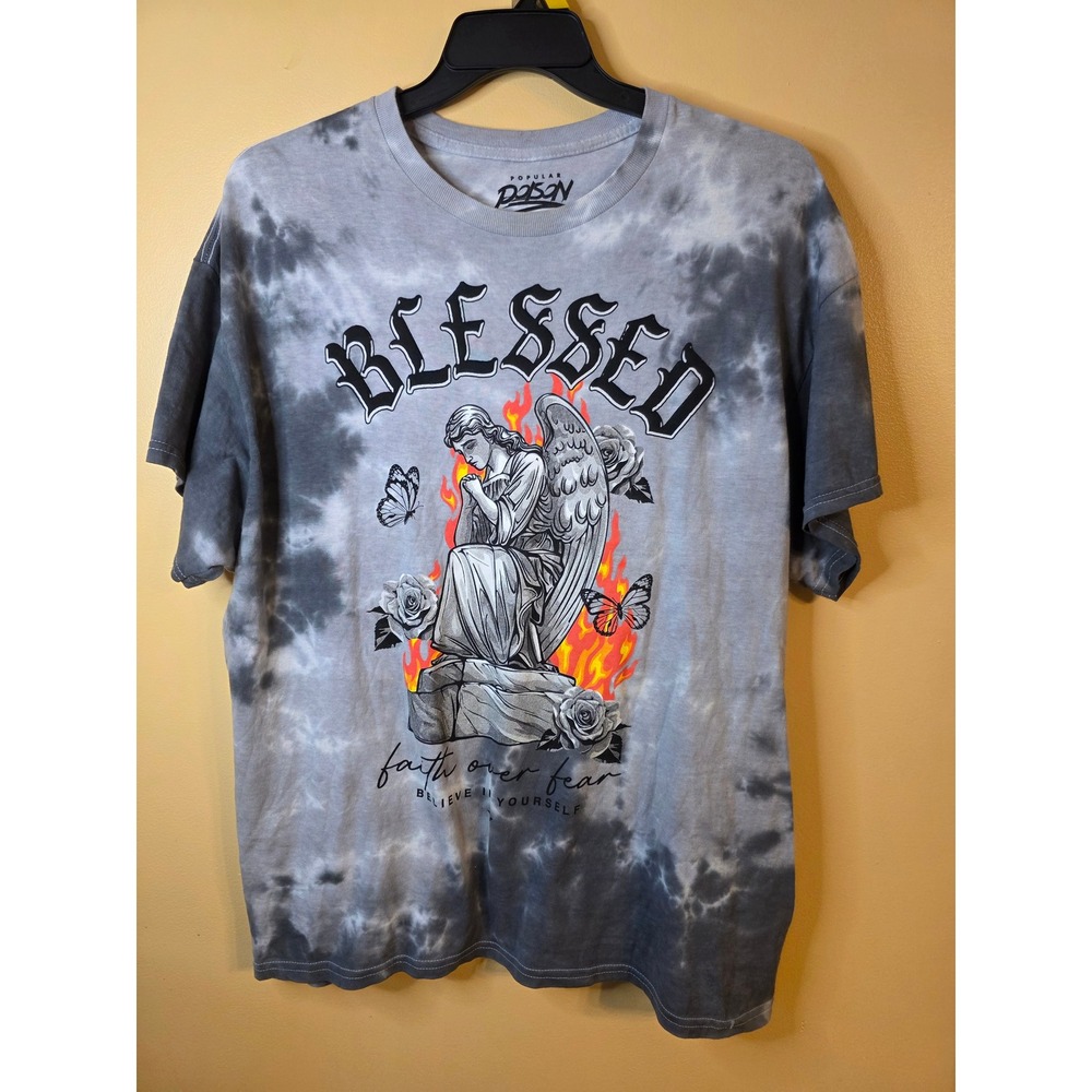 Popular Poison Blessed Angel Faith Over Fear Tie Dye Graphic Tee Shirt XL Gray